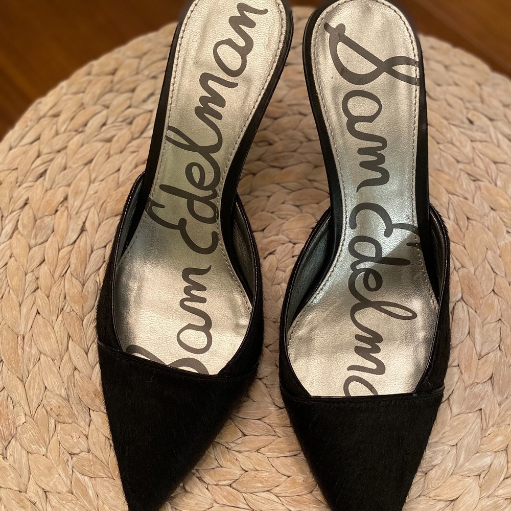 Black faux calf hair high heel mule